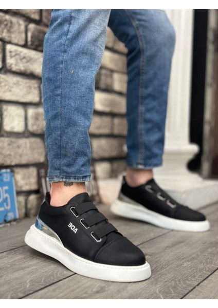 BA0329 3 Bant Siyah Gümüş Detaylı Kalın Taban Casual Erkek Ayakkabı