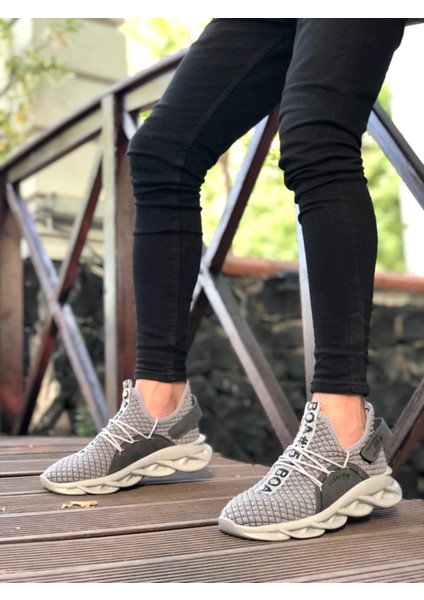 BA0350 Yüksek Taban Tarz Sneakers Cırt Detaylı Gri Erkek Spor Ayakkabısı