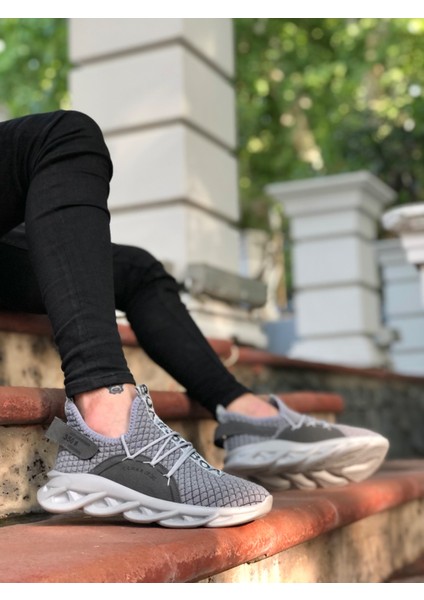 BA0350 Yüksek Taban Tarz Sneakers Cırt Detaylı Gri Erkek Spor Ayakkabısı