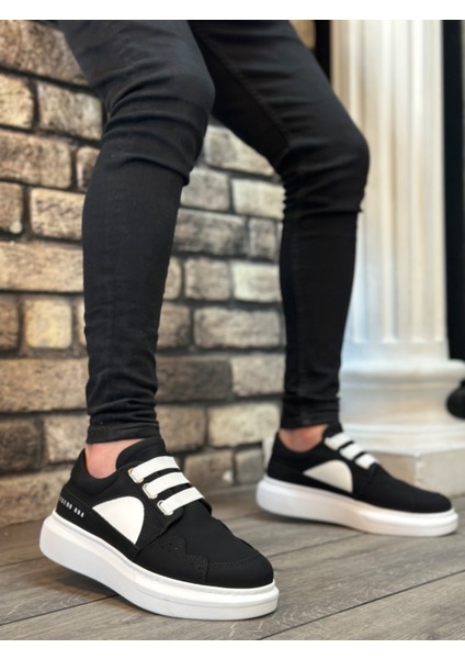 BA0302 Boa Kalın Taban Bağcıksız Tarz Casual Siyah Beyaz Erkek Ayakkabı