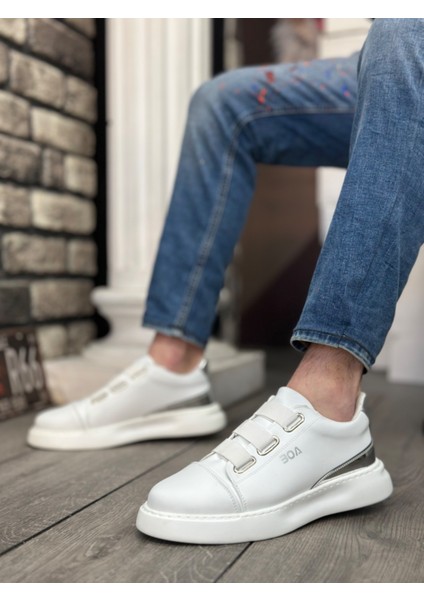 BA0329 3 Bant Beyaz Gümüş Detaylı Kalın Taban Casual Erkek Ayakkabı