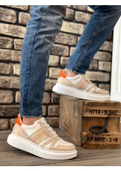 BA0548 BOA Kalın Yüksek Krem Beyaz Taban Beyaz Bağcıklı Spor Erkek Ayakkabı