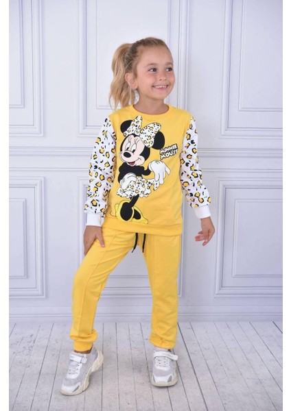 Kolları Leopar Desenli Minnie Mouse Baskılı Kız Çocuk Şardonlu Takım