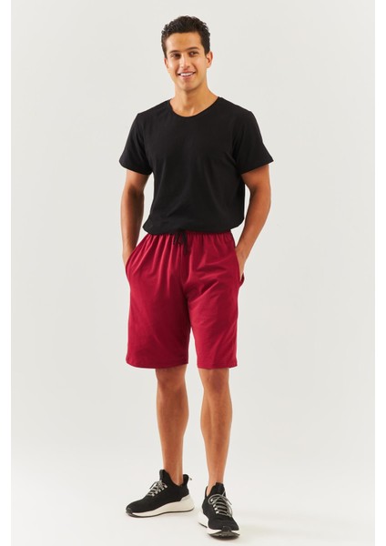 Bordo Rahat %100 Pamuklu Penye Bağcıklı Cepli Kısa Trendy Erkek Şort