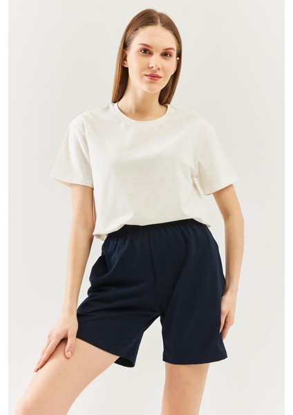 Lacivert Rahat %100 Pamuklu Penye Beli Lastikli Bel Cepli Kısa Trendy Kadın Şort modelleri