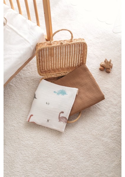 2'li Set %100 Organik Pamuk Müslin Bebek Örtüsü - Dinozor Baskılı 90X100cm Çok Amaçlı Müslin Örtü Seti fiyatları