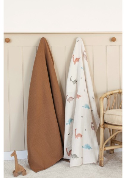 2'li Set %100 Organik Pamuk Müslin Bebek Örtüsü - Dinozor Baskılı 90X100cm Çok Amaçlı Müslin Örtü Seti fırsatları