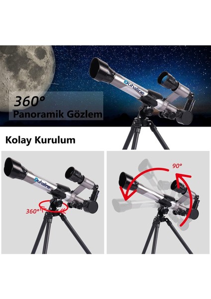 40X Yakınlaştırma 3 Lensli Astronomin Monoküler Eğitici Teleskop Gece Görüş Ay Doğa Gözlem+Tripod