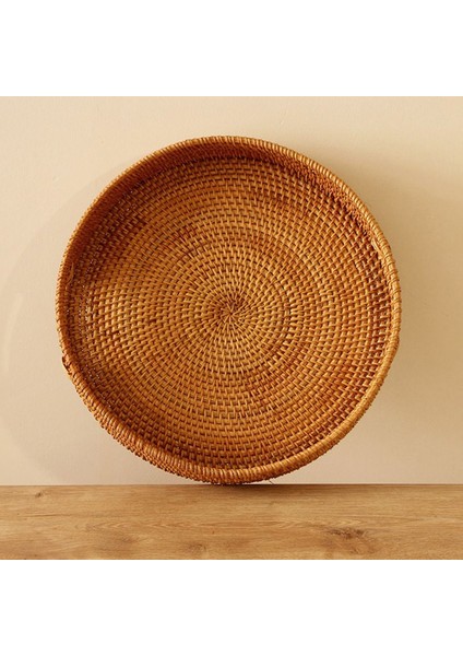 Bohem Rattan Kulplu Yuvarlak Tepsi 35X6 cm Large, Iskandinav, Modern