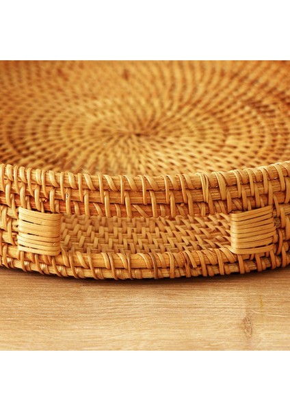 Bohem Rattan Kulplu Yuvarlak Tepsi 35X6 cm Large, Iskandinav, Modern