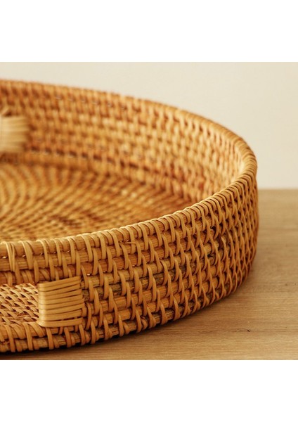 Bohem Rattan Kulplu Yuvarlak Tepsi 35X6 cm Large, Iskandinav, Modern