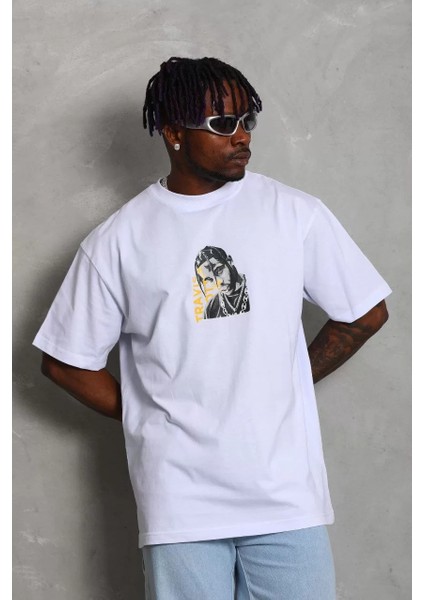 Erkek Baskılı Bisiklet Yaka T-Shirt 20/1 Penye - Beyaz