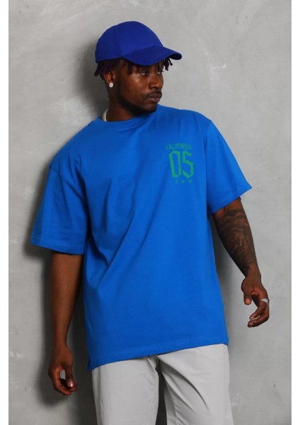 Erkek Baskılı Bisiklet Yaka T-Shirt 20/1 Penye - Mavi