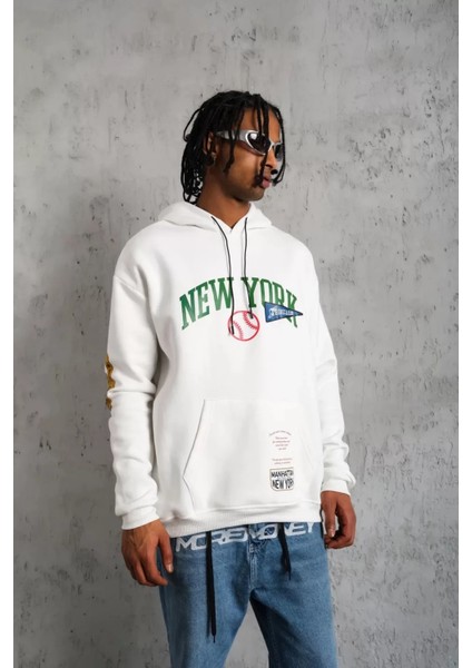 Erkek Baskılı Kapüşonlu Sweatshirt - Beyaz