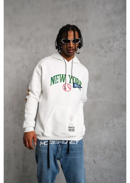 Erkek Baskılı Kapüşonlu Sweatshirt - Beyaz