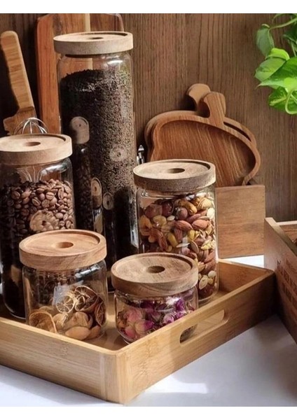 Ahşap Kapaklı 4 Lü Cam Saklama Kabı -Kavanoz 1000-700-500-300 ml