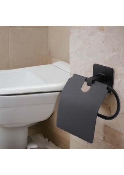 Tuvalet Kağıtlık Yapışkanlı Kapaklı Aparat Wc Kağıt Standı Paslanmaz Metal Sağlam Siyah Estetik