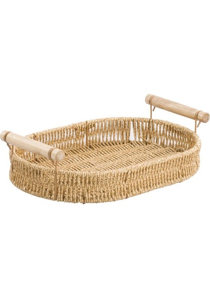 Sentetik Hasır Oval Ahşap Kulplu Tepsi 40 Cm