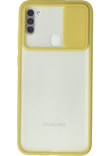 Samsung Galaxy M11 Kılıf Palm Buzlu Kamera Sürgülü Silikon - Sarı 300099