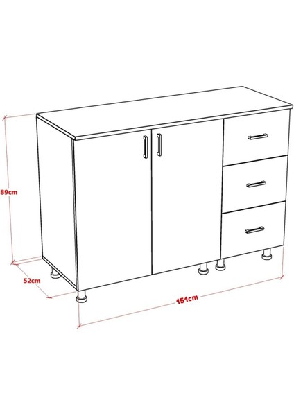 Lace Mutfak Dolabı Alt Modül 150 cm Çekmeceli (Tezgah Dahil)