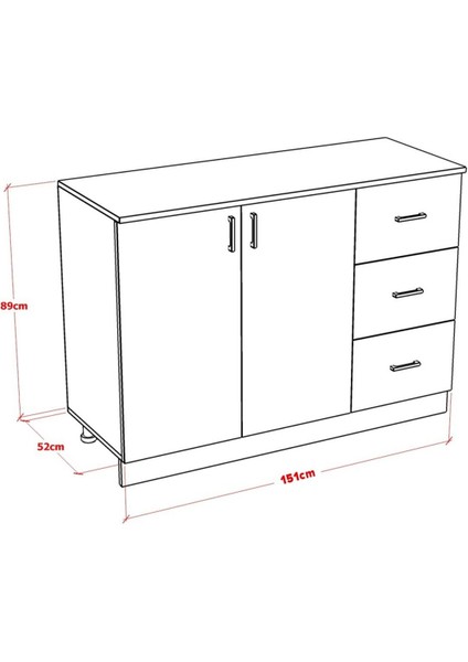 Milee Mutfak Dolabı Alt Modül 150 cm Çekmeceli (Tezgah Dahil)