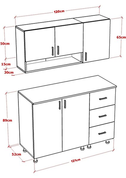 Radi Mini Mutfak Dolabı Alt Üst Modül 120 cm Çekmeceli (Tezgah Dahil)