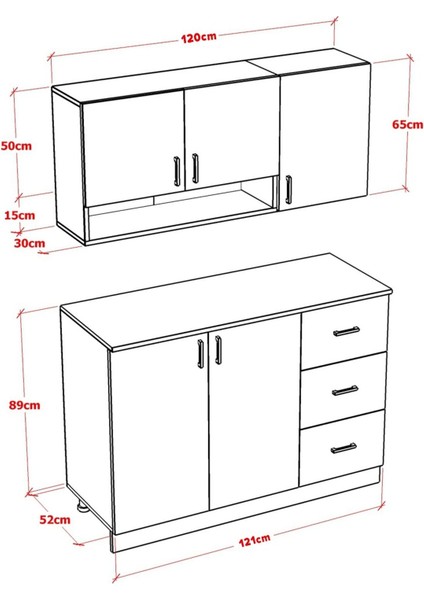 Bento Mini Mutfak Dolabı Alt Üst Modül 120 cm Çekmeceli (Tezgah Dahil)