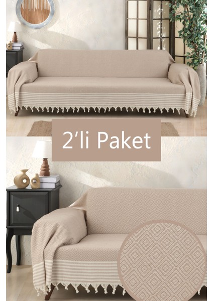 Pamuklu Kolları Örten 310 cm Koltuk Kanepe Çekyat Örtüsü Önden Saçaklı Kaymaz Tasarım Çok Amaçlı Paket Içeriği 2 Adet-Bej