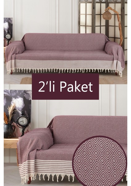 Pamuklu Kolları Örten 310 cm Koltuk Kanepe Çekyat Örtüsü Önden Saçaklı Kaymaz Tasarım Çok Amaçlı Paket Içeriği 2 Adet-Bordo