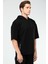 Siyah Oversize Düz Pamuklu Kısa Kol Kapüşonlu Erkek Sweatshirt - XC2319 3