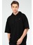Siyah Oversize Düz Pamuklu Kısa Kol Kapüşonlu Erkek Sweatshirt - XC2319 5