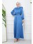 İndigo Omuz Piliseli Kemerli Saten Abiye 1