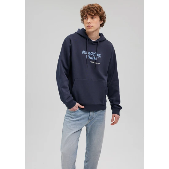 Mavi Kapüşonlu Baskılı Lacivert Sweatshirt 0S10121-70490