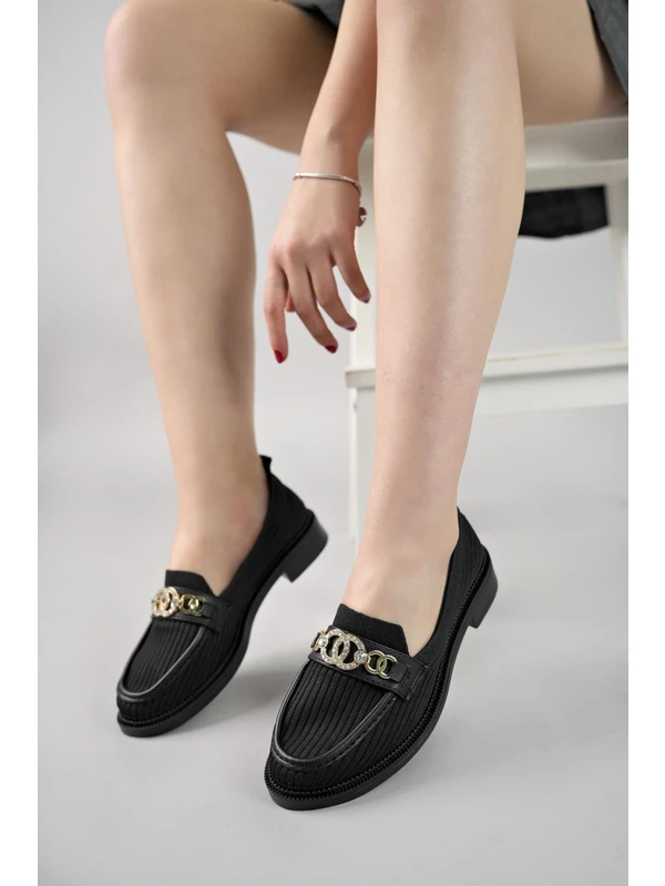 Muggo Cameron Garantili Triko Taşlı Tokalı Kadın Loafer Makosen Günlük Ayakkabı