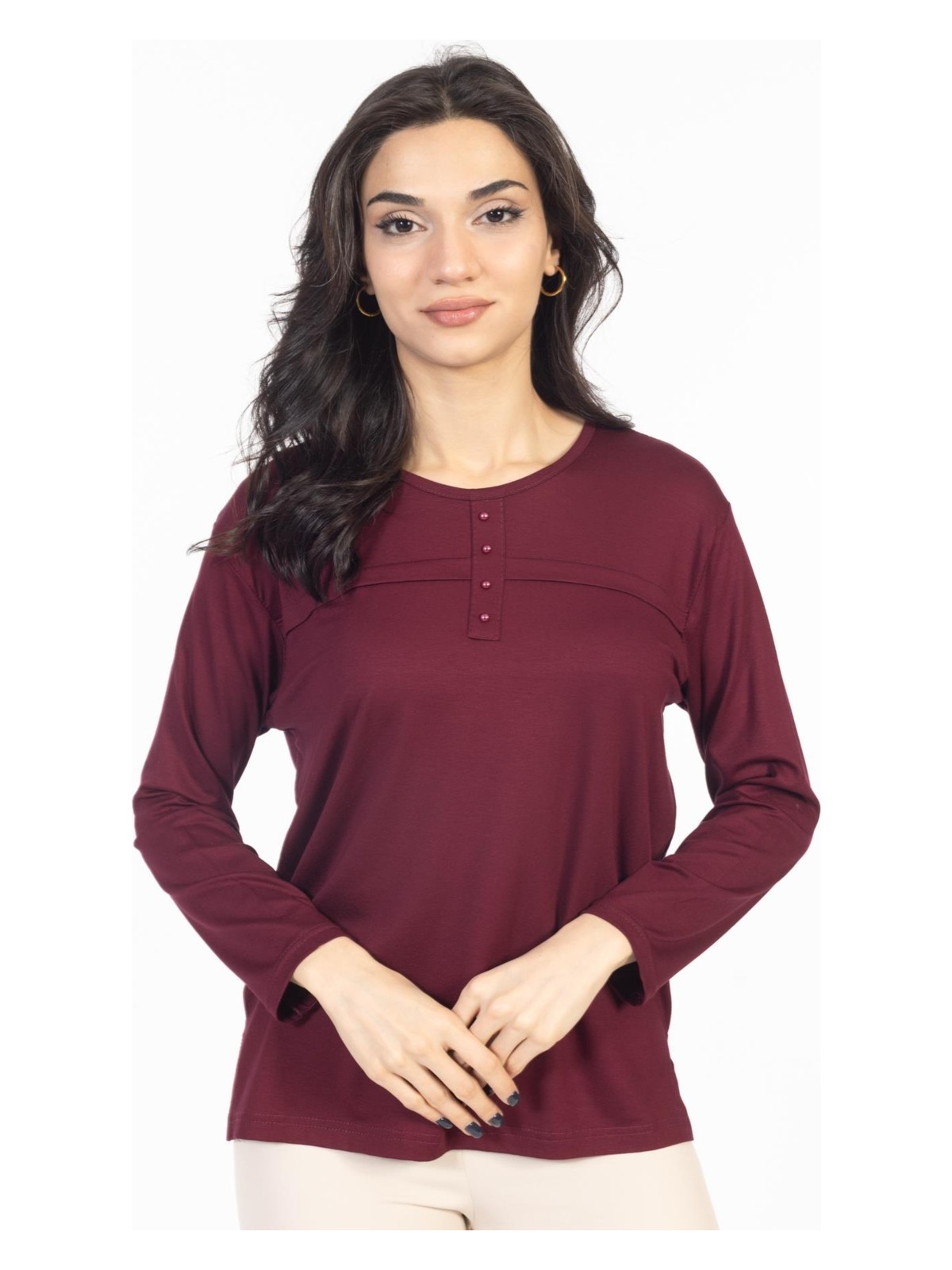 Mutlu City Yeni Sezon Sade Desen Yuvarlak Yaka Likralı Anne Penye Bluz 6484