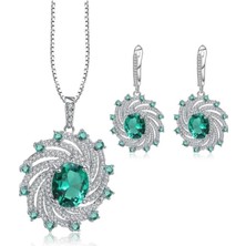 Zümrüt Oval Taşlı Luxury Vintage Kadın Gümüş Kolye Küpe Set