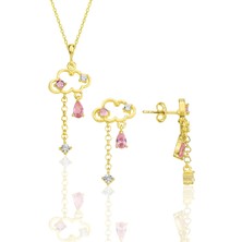Söğütlü Silver Gümüş Altın Yaldızlı Pembe Zirkon Taşlı Bulut Kolye ve Küpe Ikili Set SGTL12353GOLD