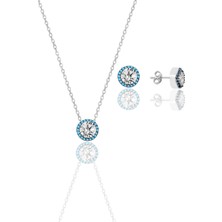 Söğütlü Silver Gümüş Rodyumlu Nano Turkuaz ve Zirkon Taşlı Pırlanta Montür Kolye  ve Küpe Seti SGTL12384RODAJ