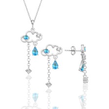 Söğütlü Silver Gümüş Rodyumlu Akuamarin ve Zirkon Taşlı Bulut Kolye ve Küpe Ikili Set SGTL12352RODAJ