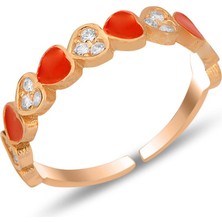 Söğütlü Silver Gümüş Rose Zirkon Taşlı Alttan Ayarlanabilir Kırmızı Mineli Kalp Yüzük SGTL12311ROSE