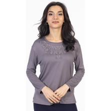 Mutlu City Yeni Model Taş Işlemeli Yuvarlak Yaka Likralı Anne Penye Bluz 6420