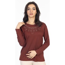 Mutlu City Yeni Model Taş Işlemeli Yuvarlak Yaka Likralı Anne Penye Bluz 6420