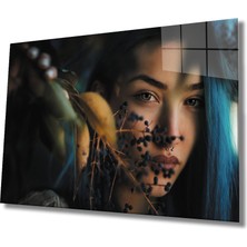 Miraax Kadınlar Mavi Saç Cam Tablo Women Blue Hair