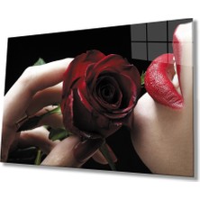 Miraax Kırmızı Gül ve Kadın Cam Tablo   Red Rose And Table