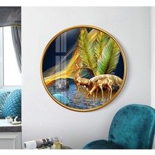 Miraax Gold Geyikler Yuvarlak Cam Tablo