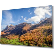 Miraax Yeşil Ağaçlı Dağ Manzarası ve Gökyüzü Cam Tablo