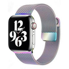 FirstModel Apple Watch 42 mm / 44MM / 45MM / 49 mm (Seriler /se/ultra ile Uyumlu) Milanes Loop Mıknatıslı Hasır Metal Kordon Gökkuşağı