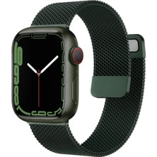FirstModel Apple Watch 42 mm / 44MM / 45MM / 49 mm (Seriler /se/ultra ile Uyumlu) Milanes Loop Mıknatıslı Hasır Metal Kordon Koyu Yeşil