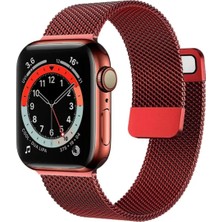 FirstModel Apple Watch 42 mm / 44MM / 45MM / 49 mm (Seriler /se/ultra ile Uyumlu) Milanes Loop Mıknatıslı Hasır Metal Kordon Kırmızı