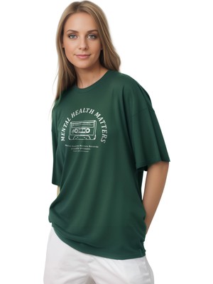 Coredra Playlist Oversize T-Shirt Kadın - Yeşil